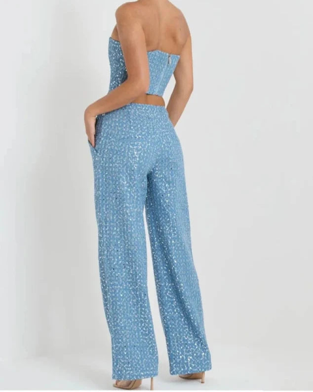 Sequins Denim Crop Top and Wide Leg Pant Suit Set