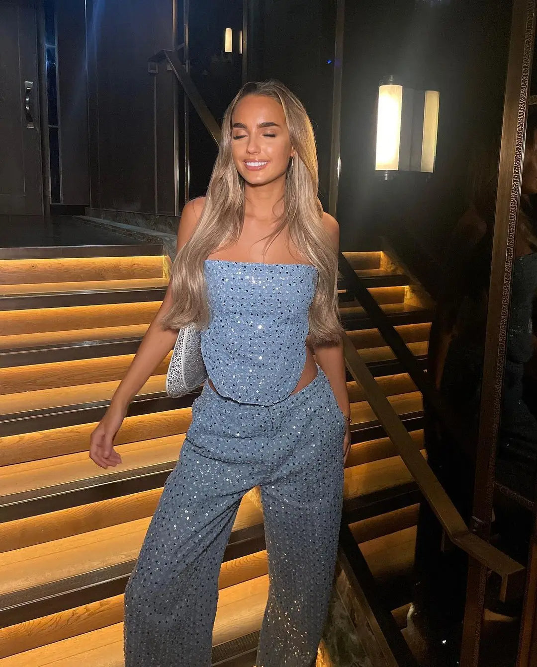 Sequins Denim Crop Top and Wide Leg Pant Suit Set